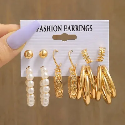 6 Pairs Fashion Pearl Golden Earring Set